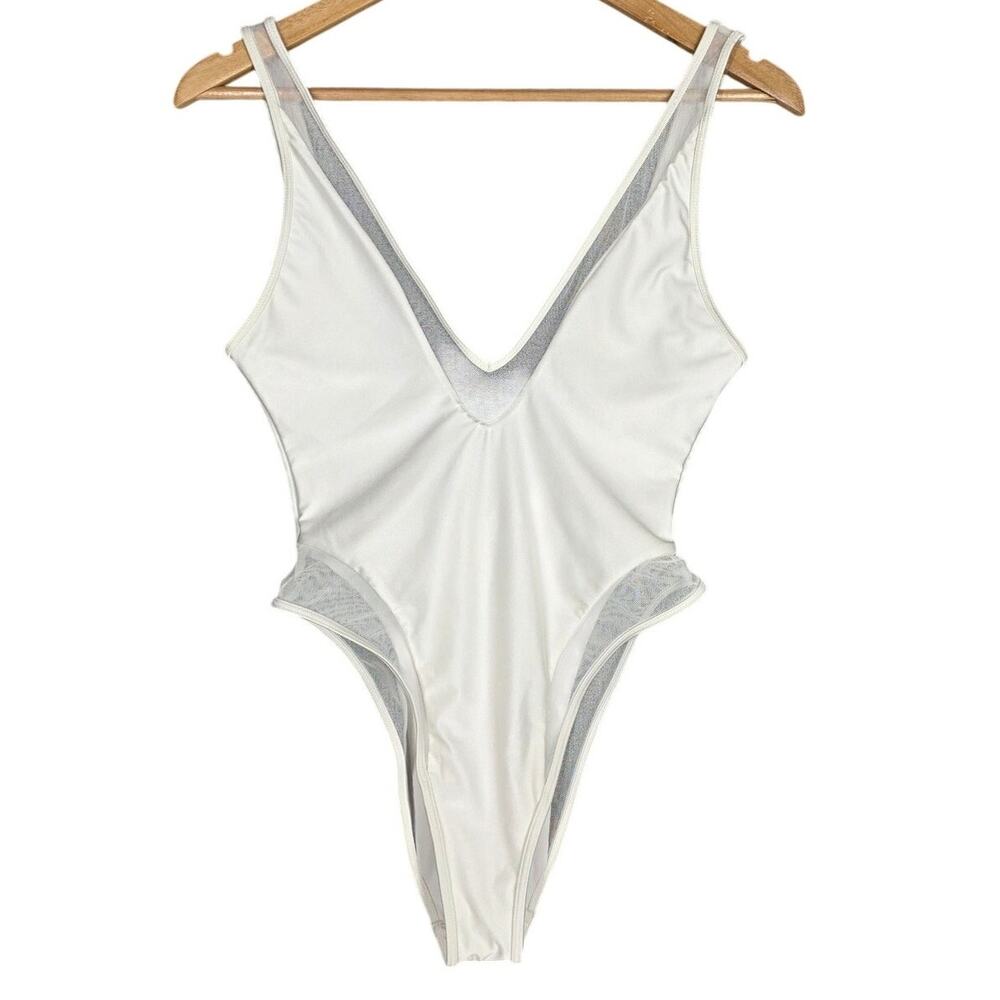 WHITE ONE‑PIECE BATHING SUIT – WOMEN’S SMALL – SHEER TRIM – DEEP V FRONT/BACK